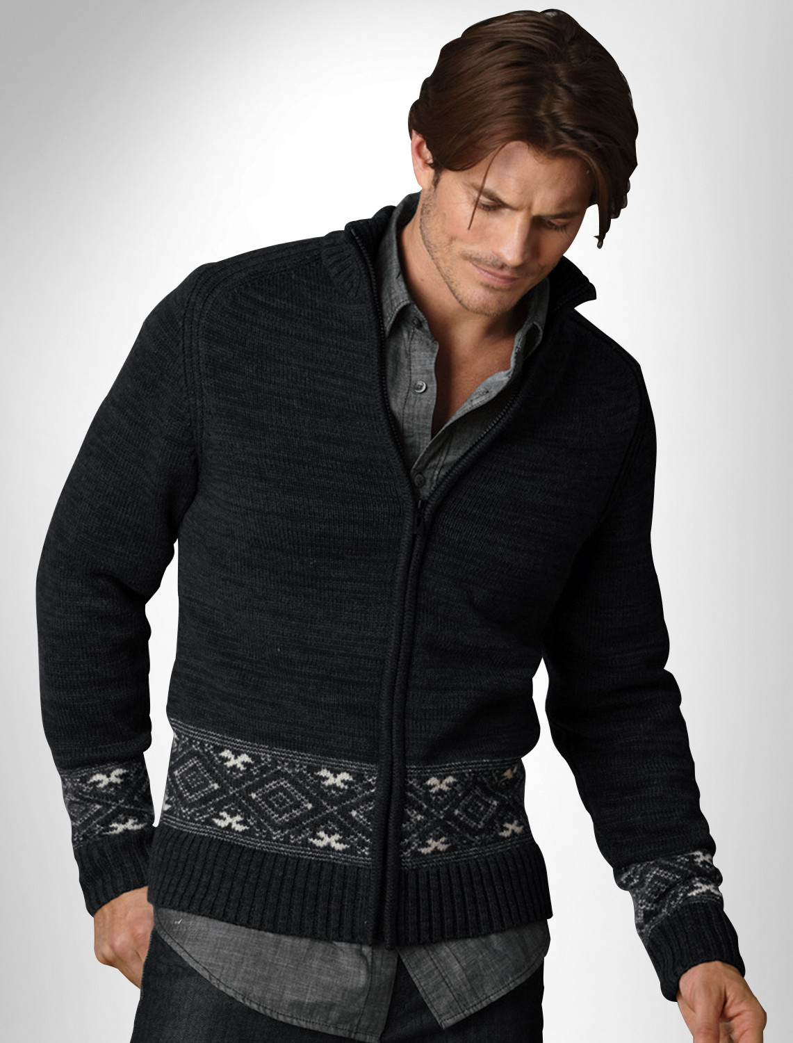 DKNY Jeans Marled Fair Isle Zip Cardigan