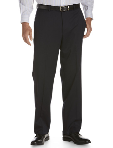 <p>Classic flat-front suit pants are so versatile. These can be worn with the matching suit coat or separately with a dress shirt, sport shirt, sweater or a blazer.</p><p>&#8226; 52% wool/47% polyester/1% lycra; 100% polyester lining<br/>&#8226; Flat-front style<br/>&#8226; Extended button front closure<br/>&#8226; 1/4 top side pockets and back button welt pockets<br/>&#8226; Lined to the knee<br/>&#8226; Unhemmed<br/>&#8226; Dry clean; imported</p><p><b>(Matching suit pleated pants, <u><a href="/mens-big-and-tall-store/catalog/productDetail.jsp?prodId=99759">#99759,</a></u> Matching suit coat, <u><a href="/mens-big-and-tall-store/catalog/productDetail.jsp?prodId=99756">#99756</a></u>, Executive suit coat, <u><a href="/mens-big-and-tall-store/catalog/productDetail.jsp?prodId=99757">#99757,</a></u>)</b></p><p>To determine the correct length for you, refer to your height in the table below:<br><br>6'2"&#8211;6'4" tall generally wears LONG<br>6'5"&#8211;6'10" tall generally wears X-LONG<